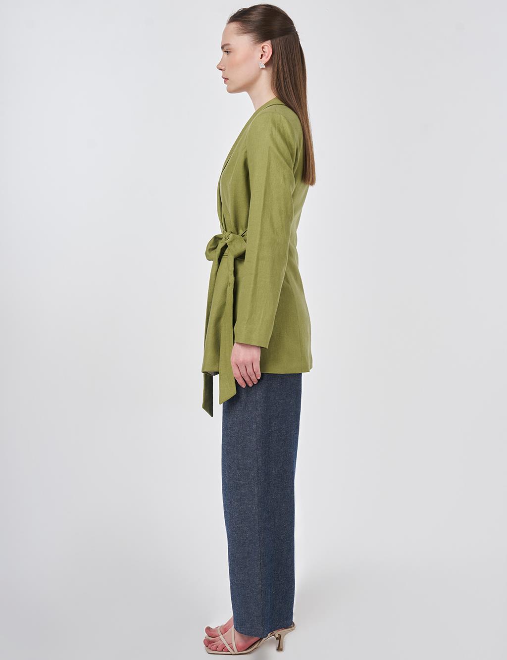 Kruvaze Bağlamalı Keten Ceket Matcha Yeşili