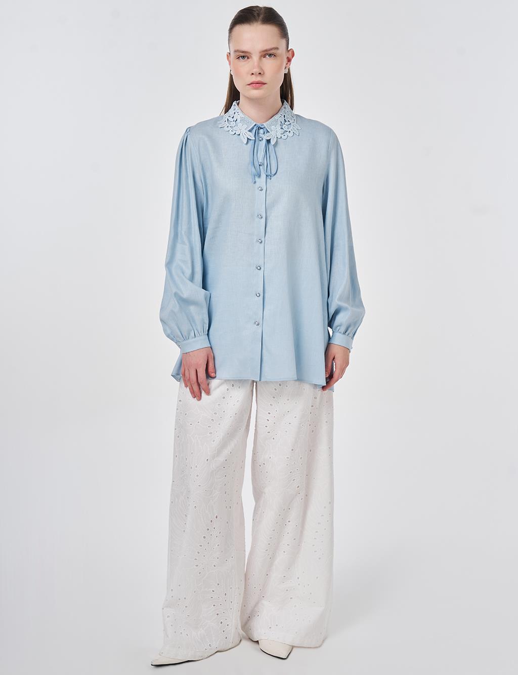 Lyocell Linen Blouse with Collar Detail Blue