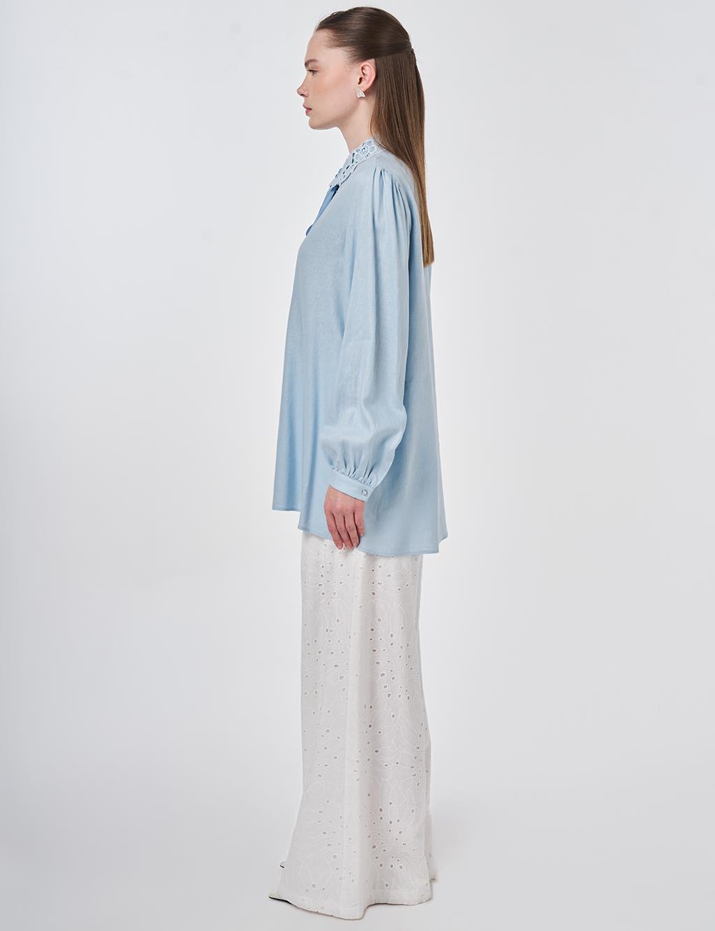 Lyocell Linen Blouse with Collar Detail Blue