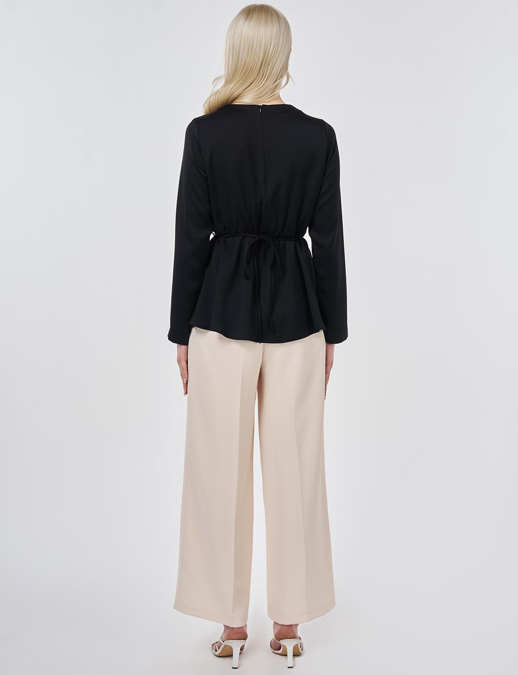 Rose Motif Satin Blouse Black