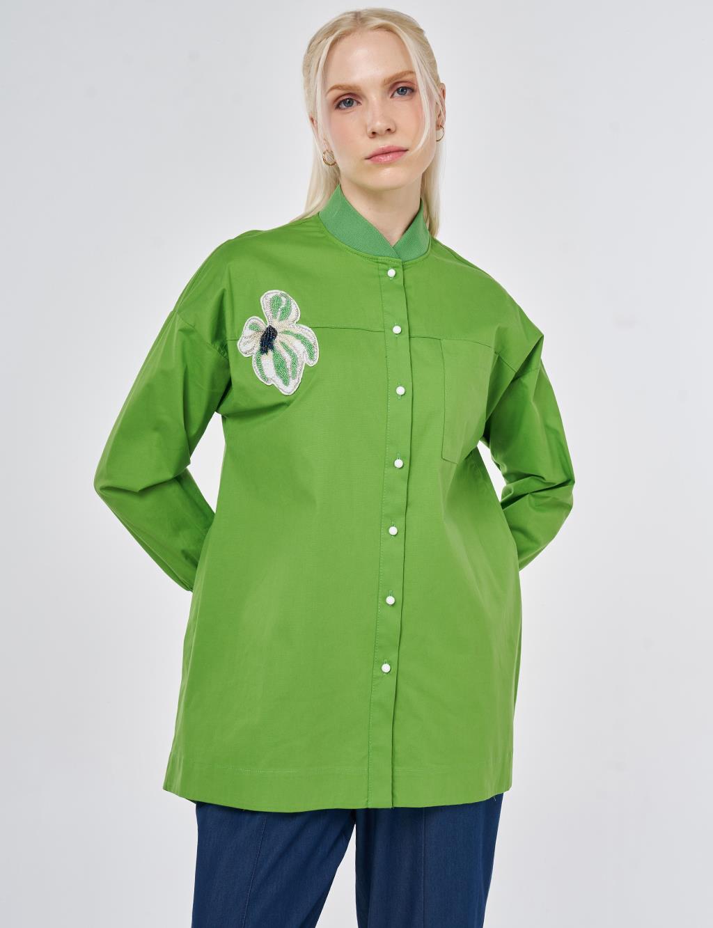 College Collar Embroidered Cotton Blouse Pistachio Green