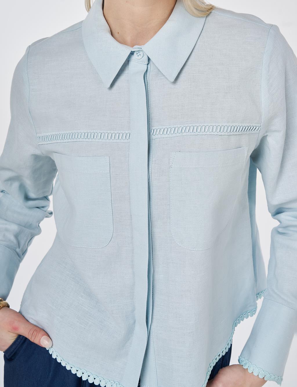 Striped Eyelet Cotton Linen Blouse Blue