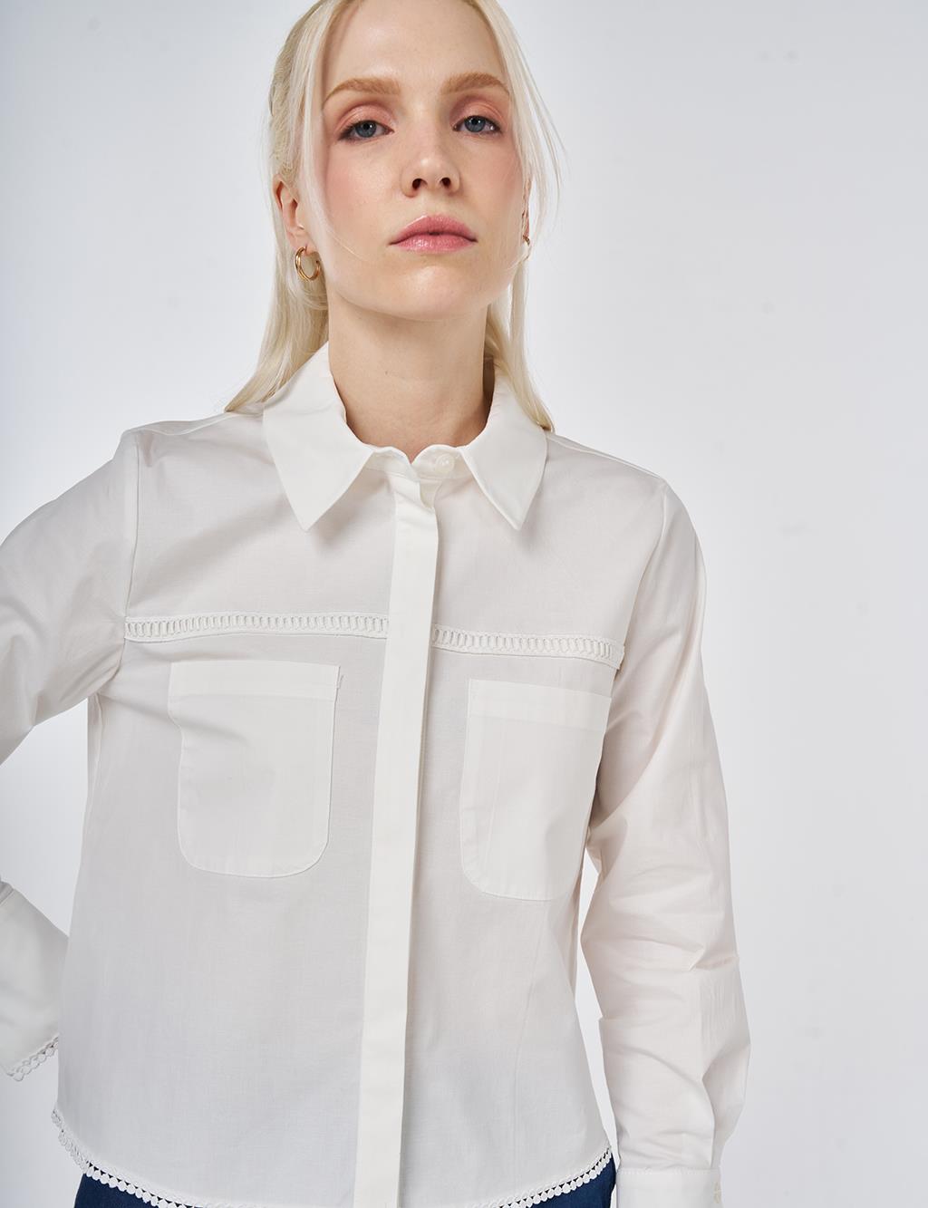 Striped Ruffled Cotton Blouse Ecru