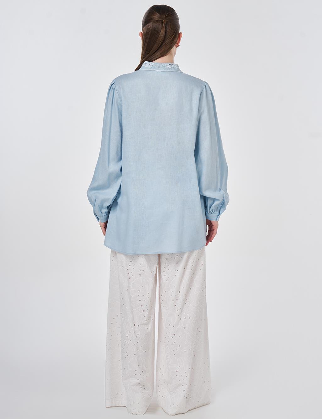 Lyocell Linen Blouse with Collar Detail Blue