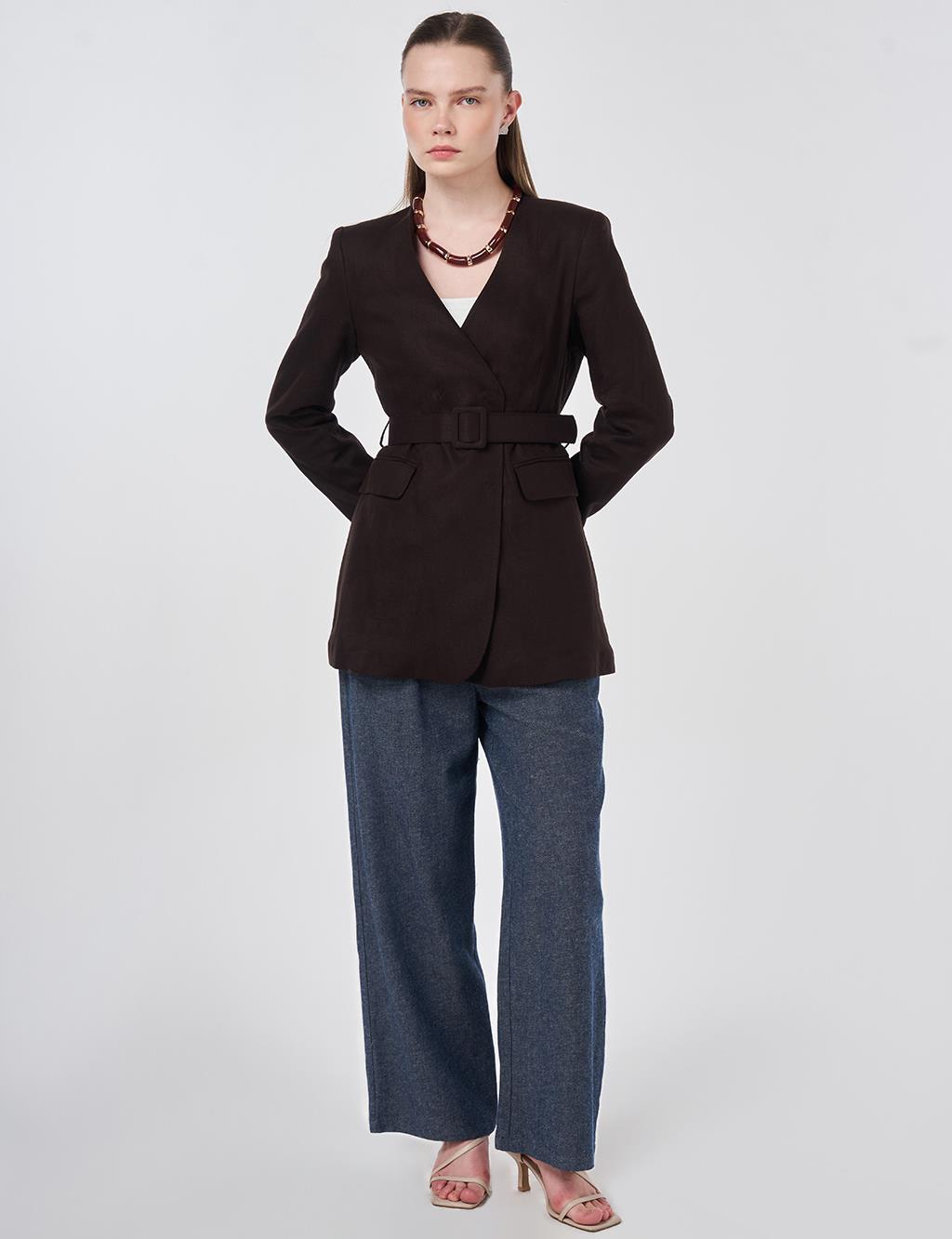 Belted Lyocell Linen Jacket Dark Brown