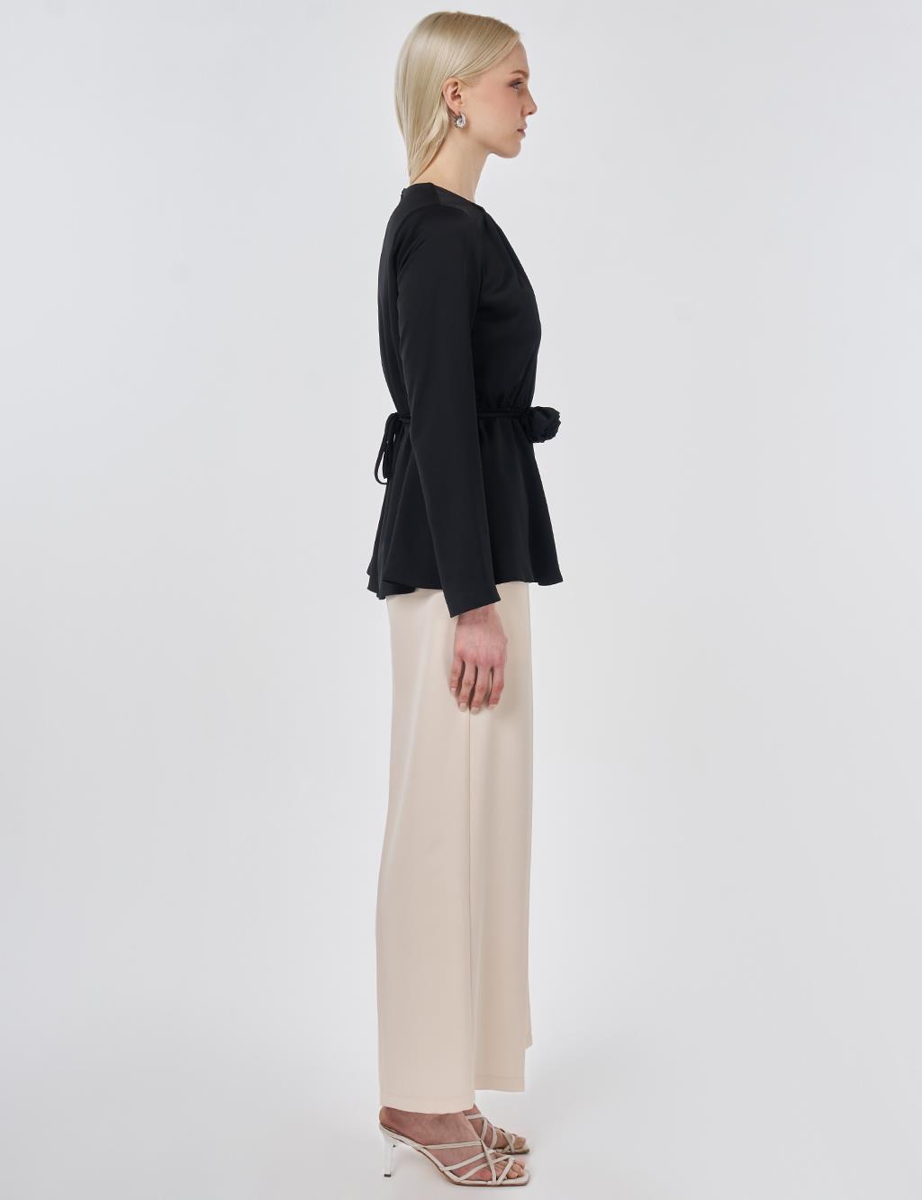 Rose Motif Satin Blouse Black