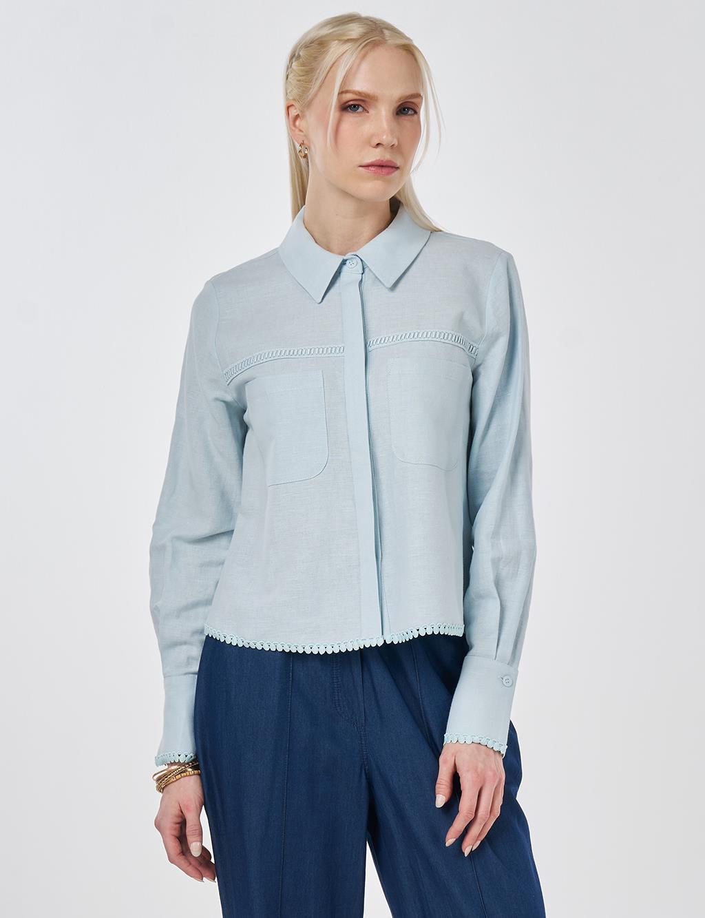 Striped Eyelet Cotton Linen Blouse Blue