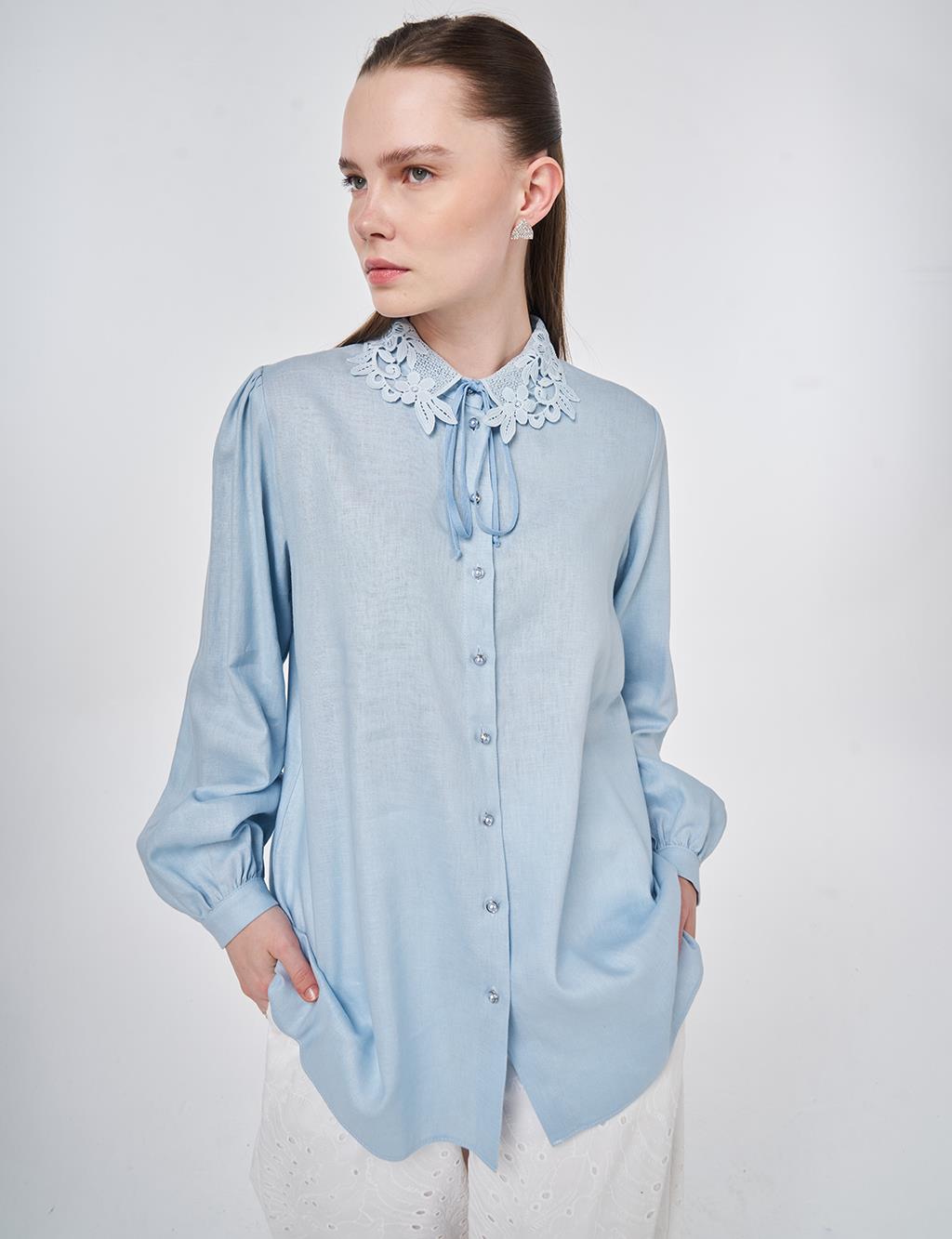Lyocell Linen Blouse with Collar Detail Blue