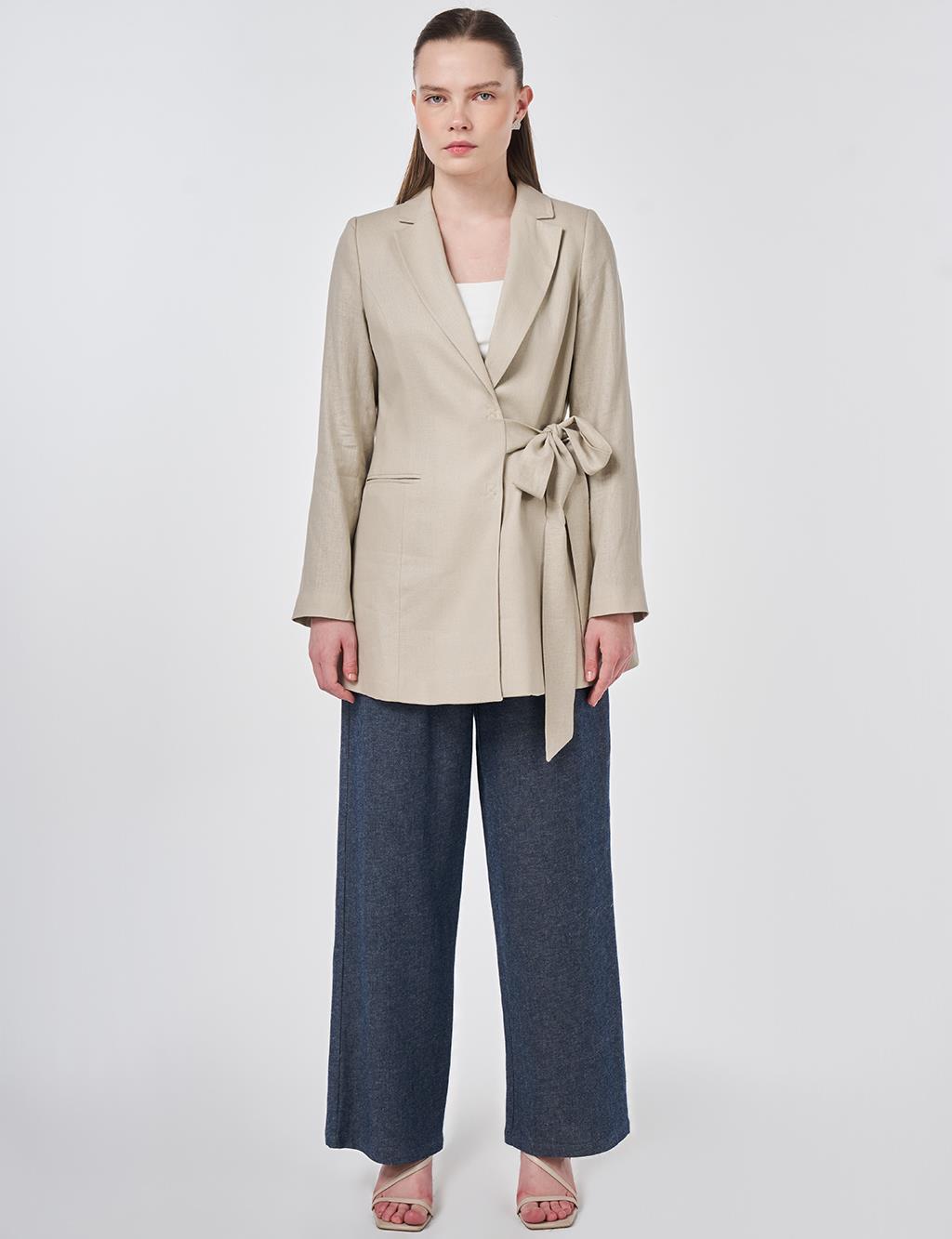 Kruvaze Bağlamalı Keten Ceket Taş