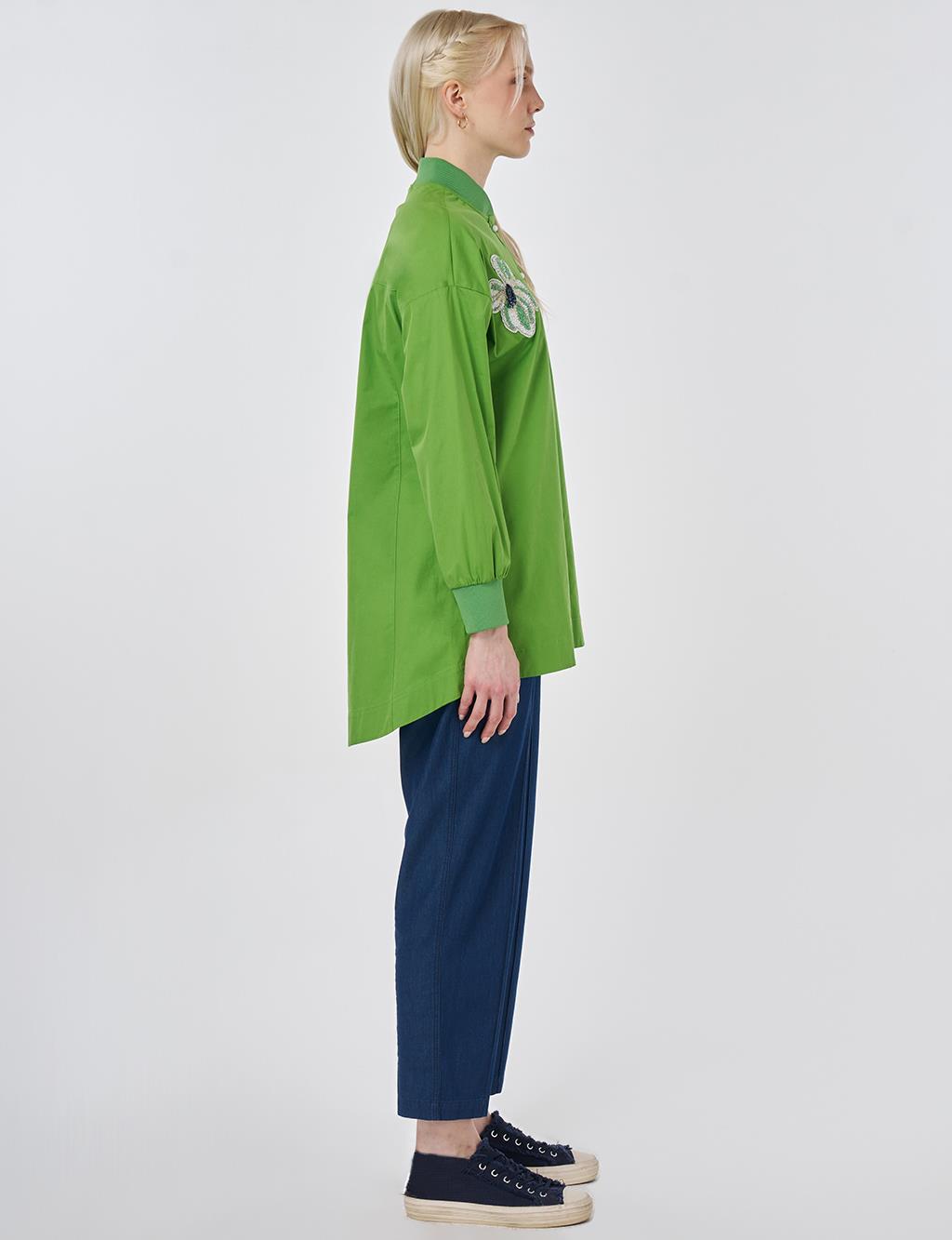 College Collar Embroidered Cotton Blouse Pistachio Green