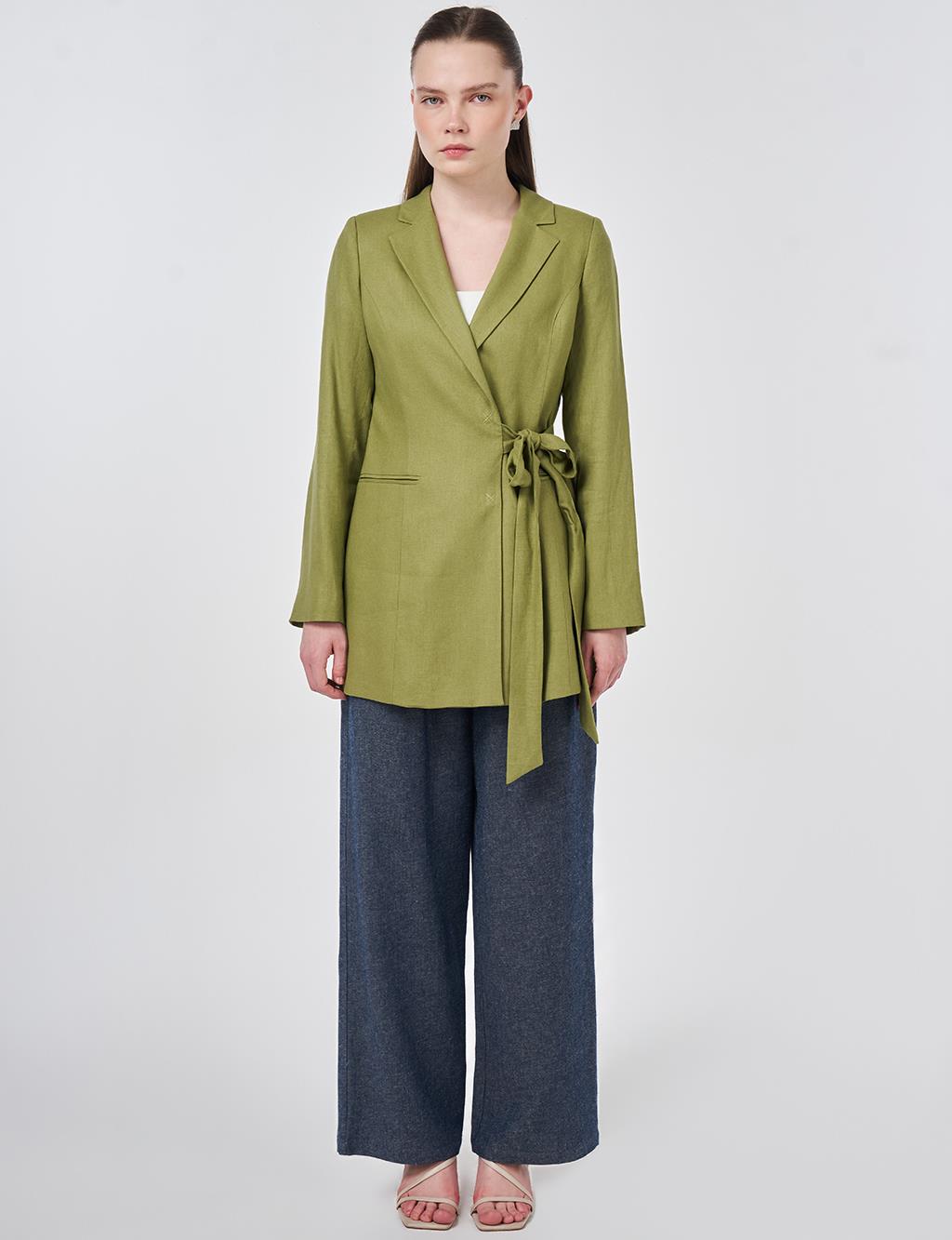 Kruvaze Bağlamalı Keten Ceket Matcha Yeşili