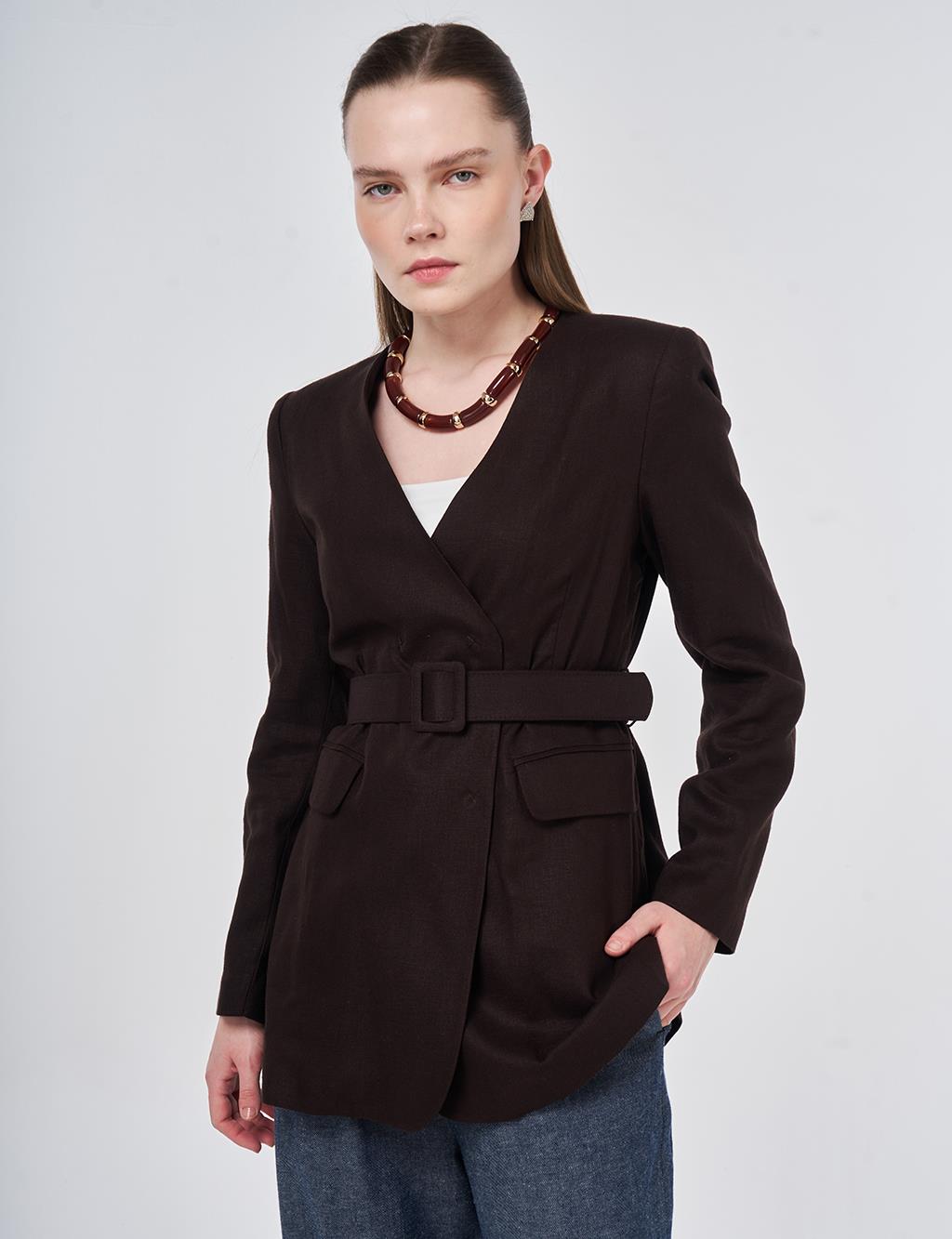Belted Lyocell Linen Jacket Dark Brown