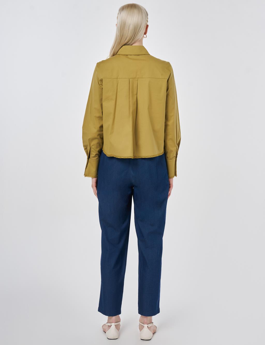 Striped Ruffled Cotton Blouse Olive Green