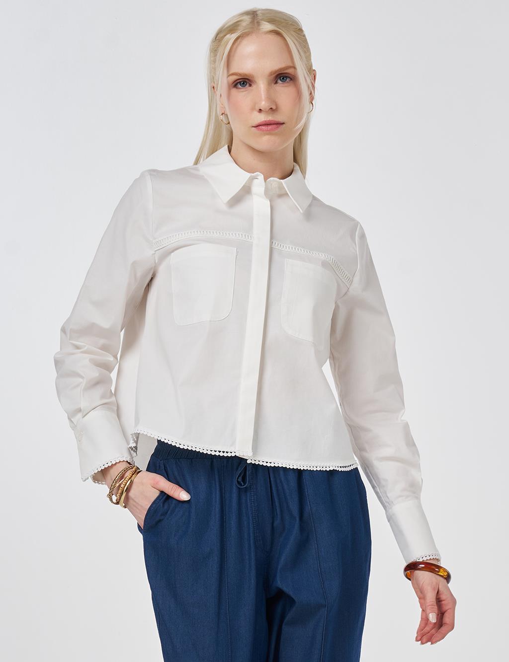 Striped Ruffled Cotton Blouse Ecru