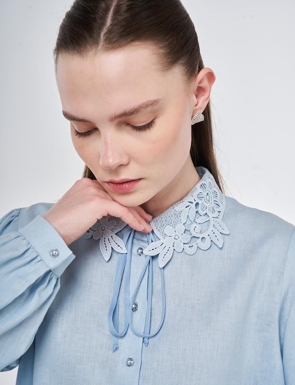 Lyocell Linen Blouse with Collar Detail Blue