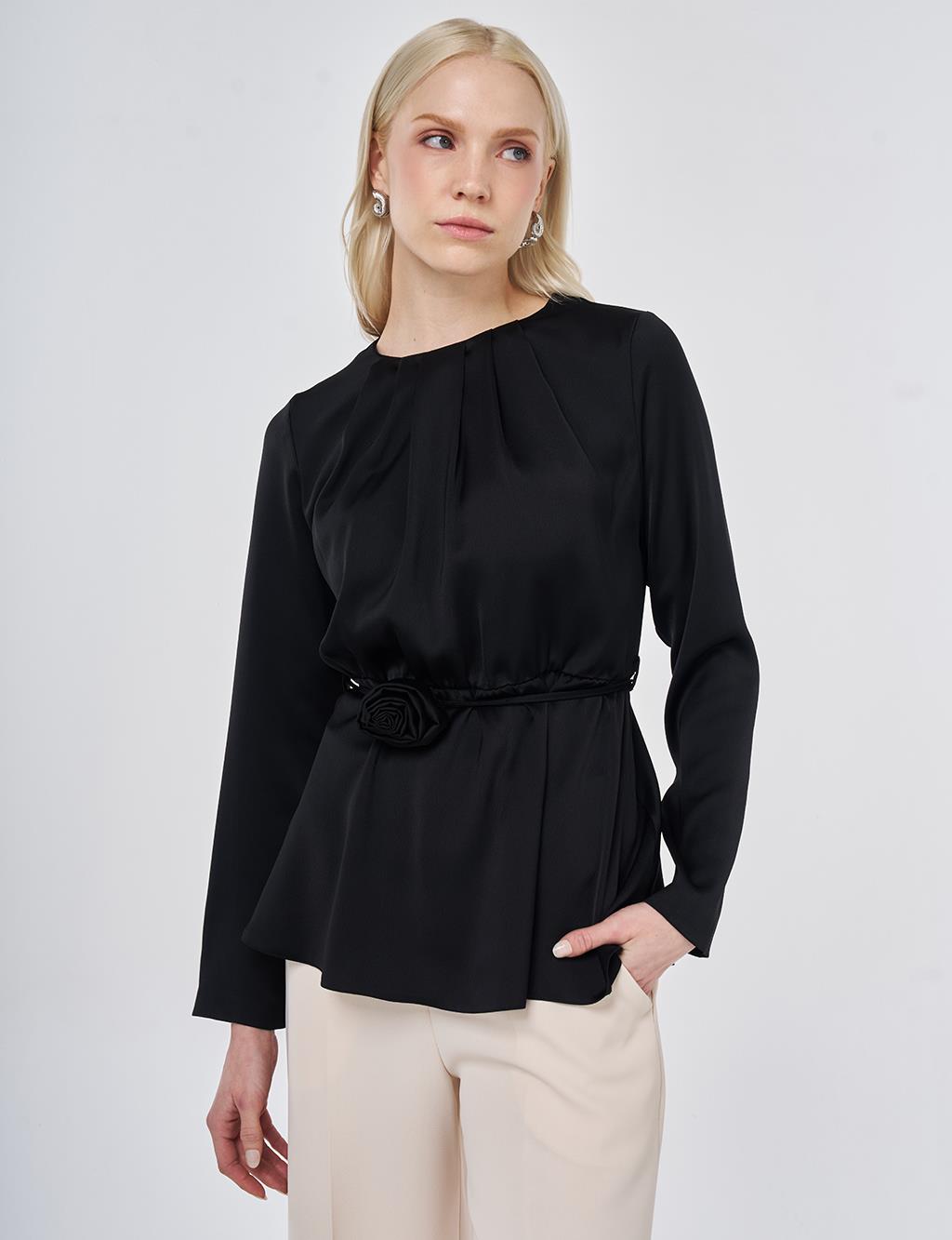 Rose Motif Satin Blouse Black