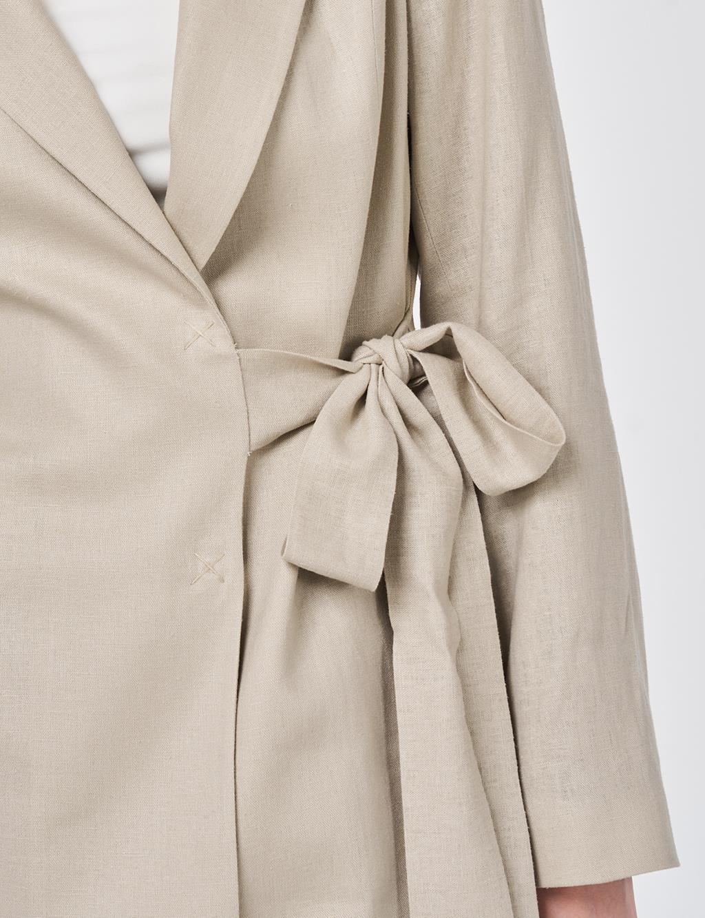 Kruvaze Bağlamalı Keten Ceket Taş