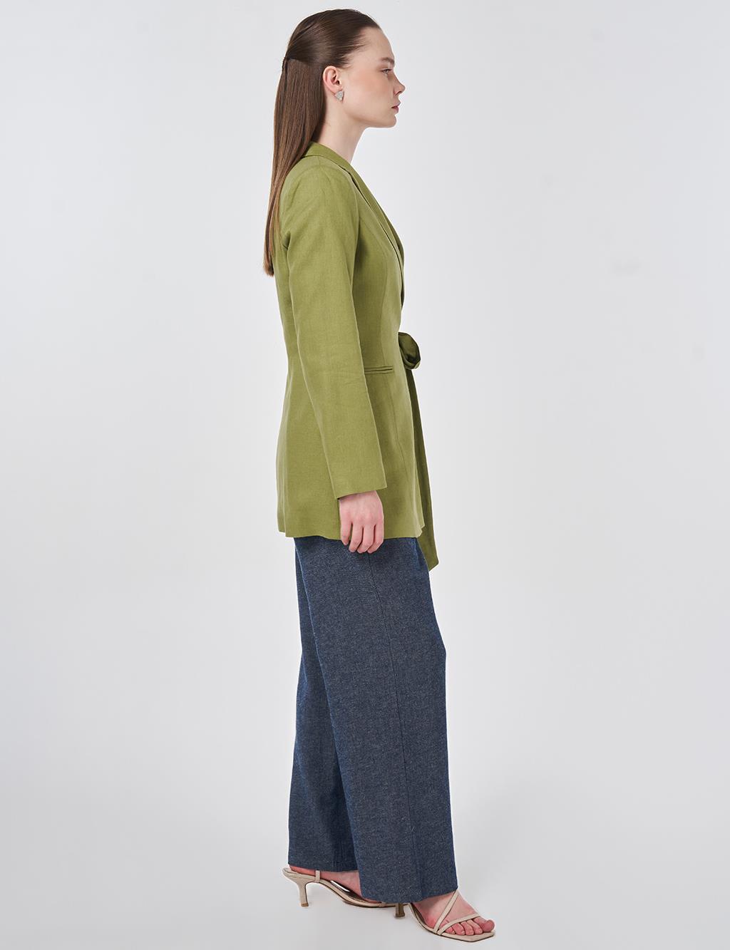 Kruvaze Bağlamalı Keten Ceket Matcha Yeşili