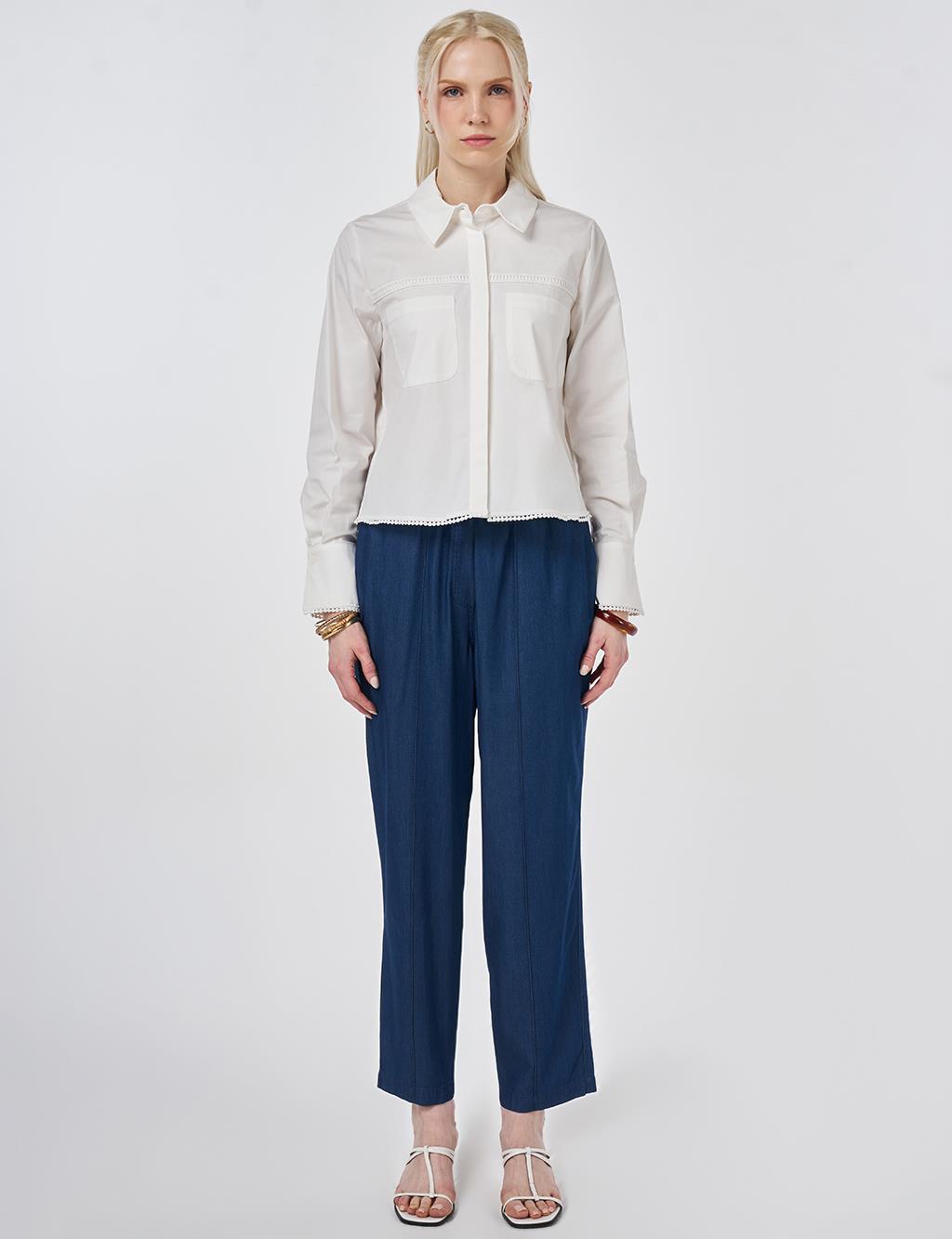 Striped Ruffled Cotton Blouse Ecru