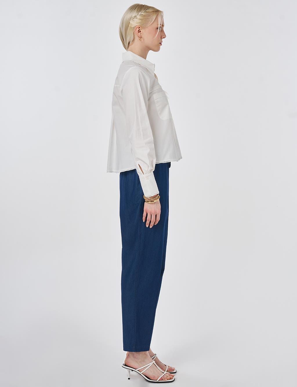 Striped Ruffled Cotton Blouse Ecru