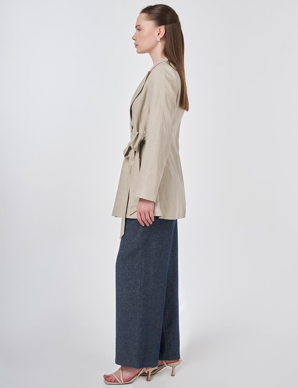 Kruvaze Bağlamalı Keten Ceket Taş