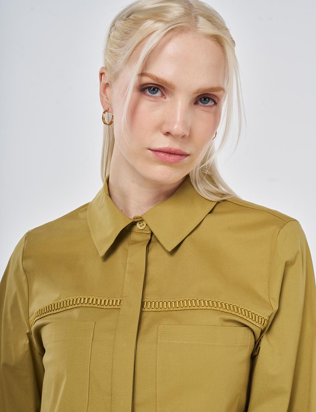 Striped Ruffled Cotton Blouse Olive Green