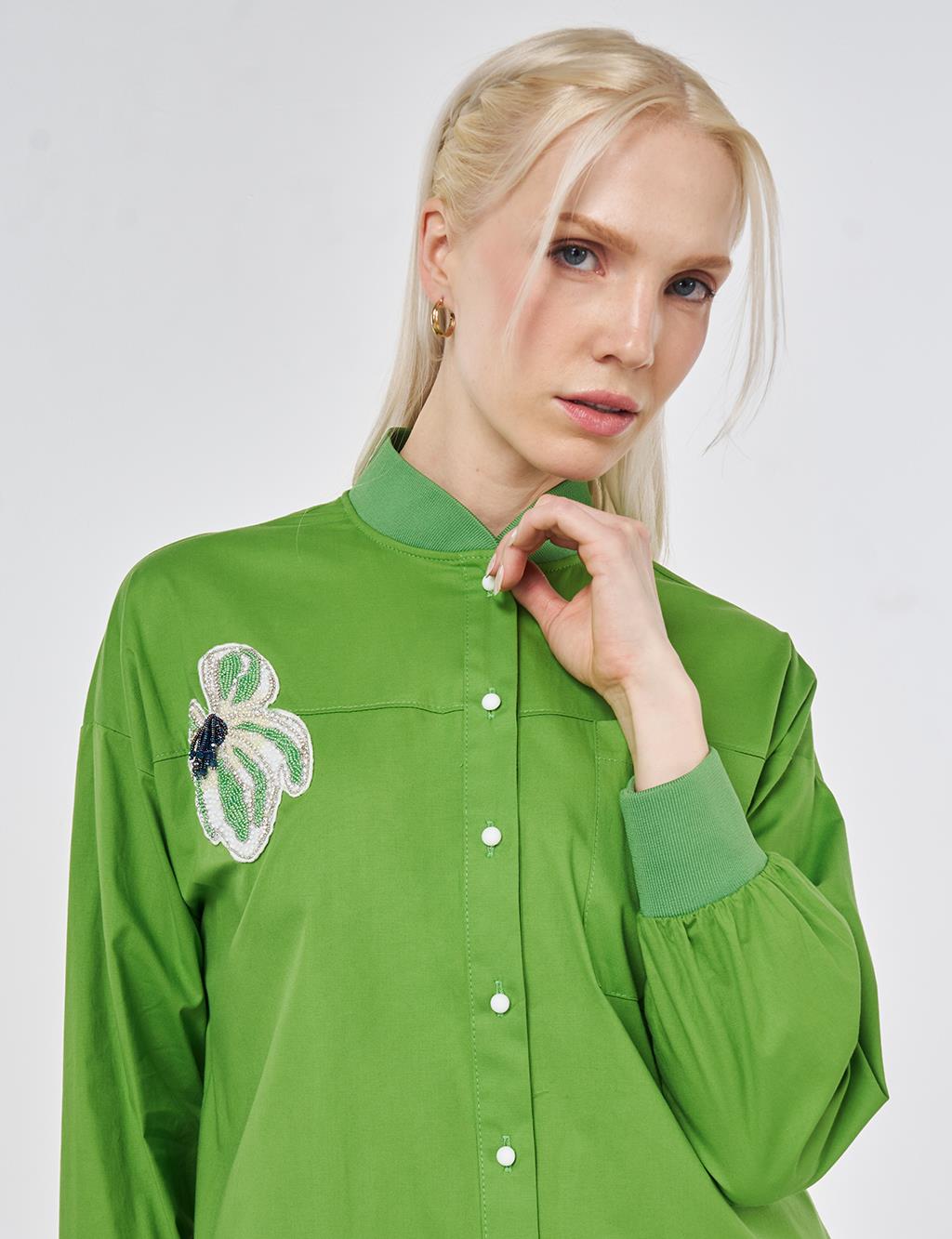 College Collar Embroidered Cotton Blouse Pistachio Green
