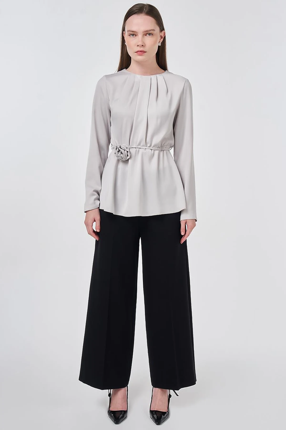 Rose Motif Satin Blouse Light Gray