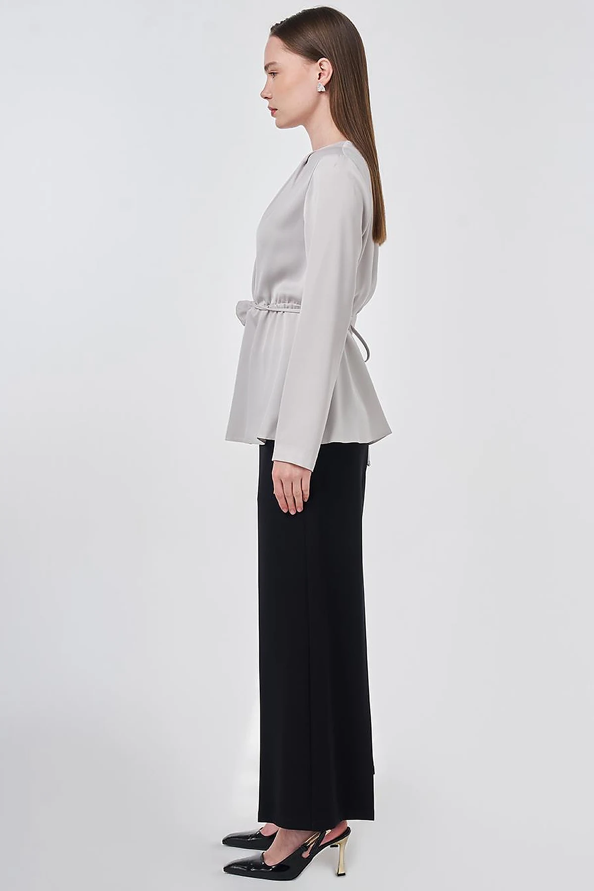 Rose Motif Satin Blouse Light Gray