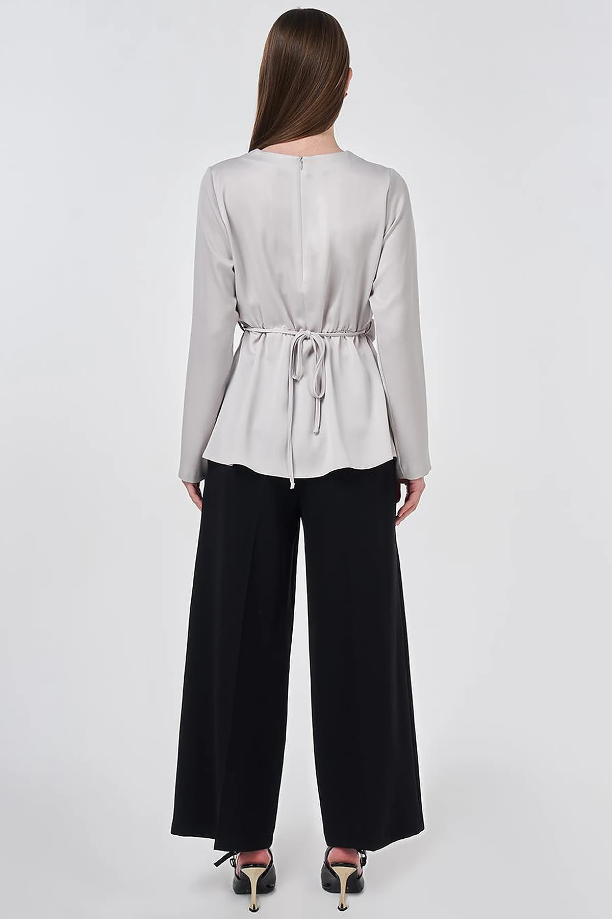 Rose Motif Satin Blouse Light Gray