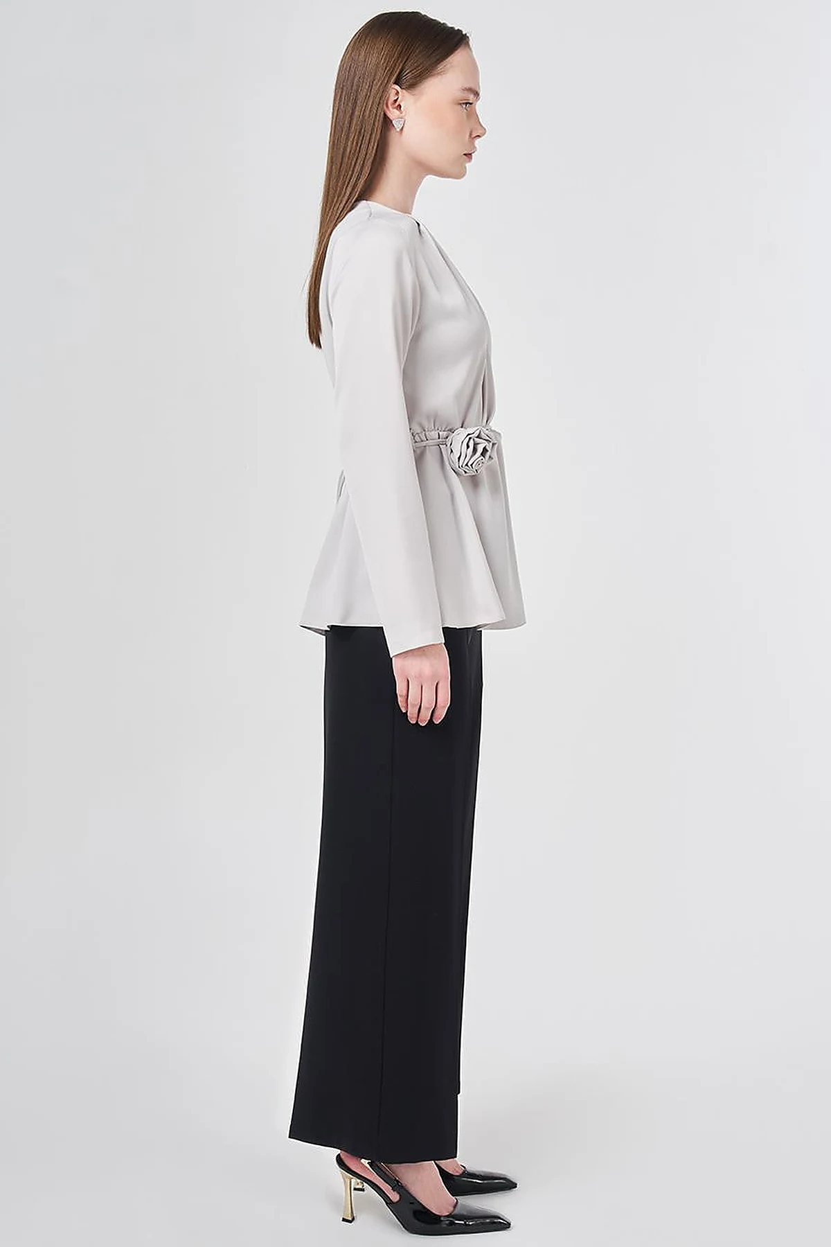 Rose Motif Satin Blouse Light Gray