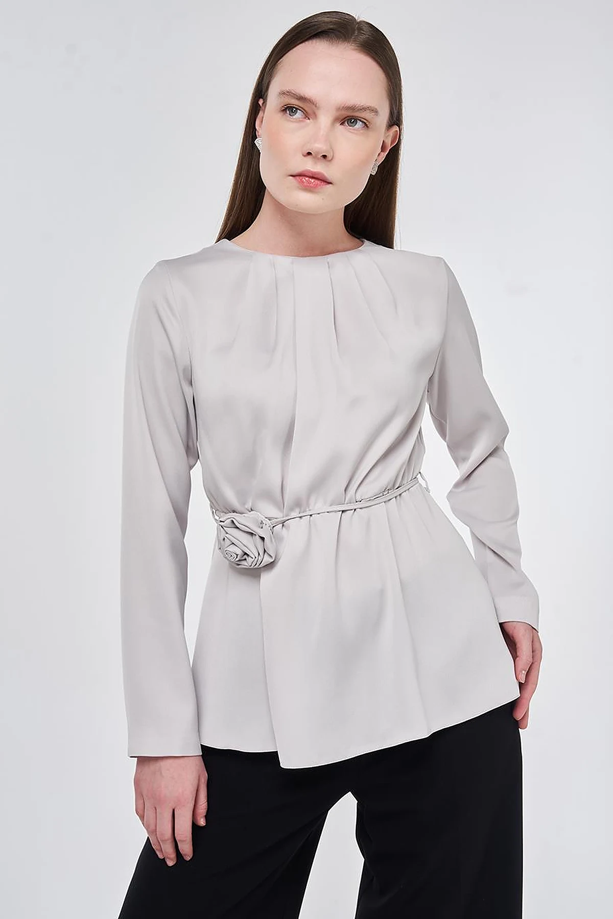 Rose Motif Satin Blouse Light Gray