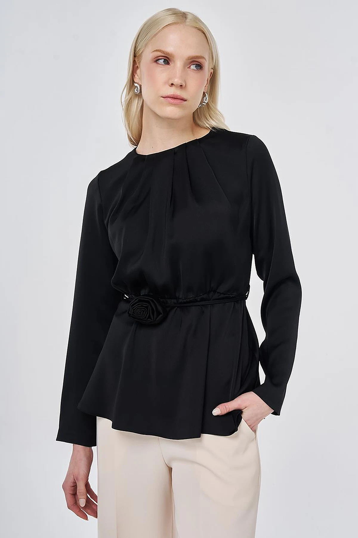 Rose Motif Satin Blouse Black