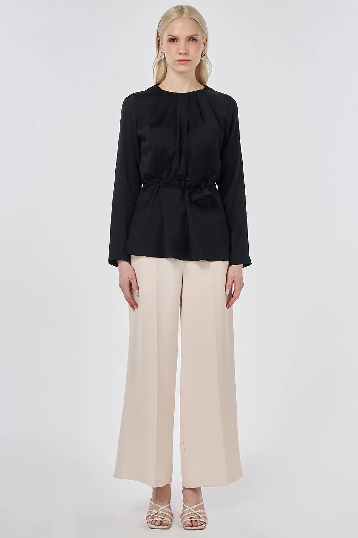 Rose Motif Satin Blouse Black