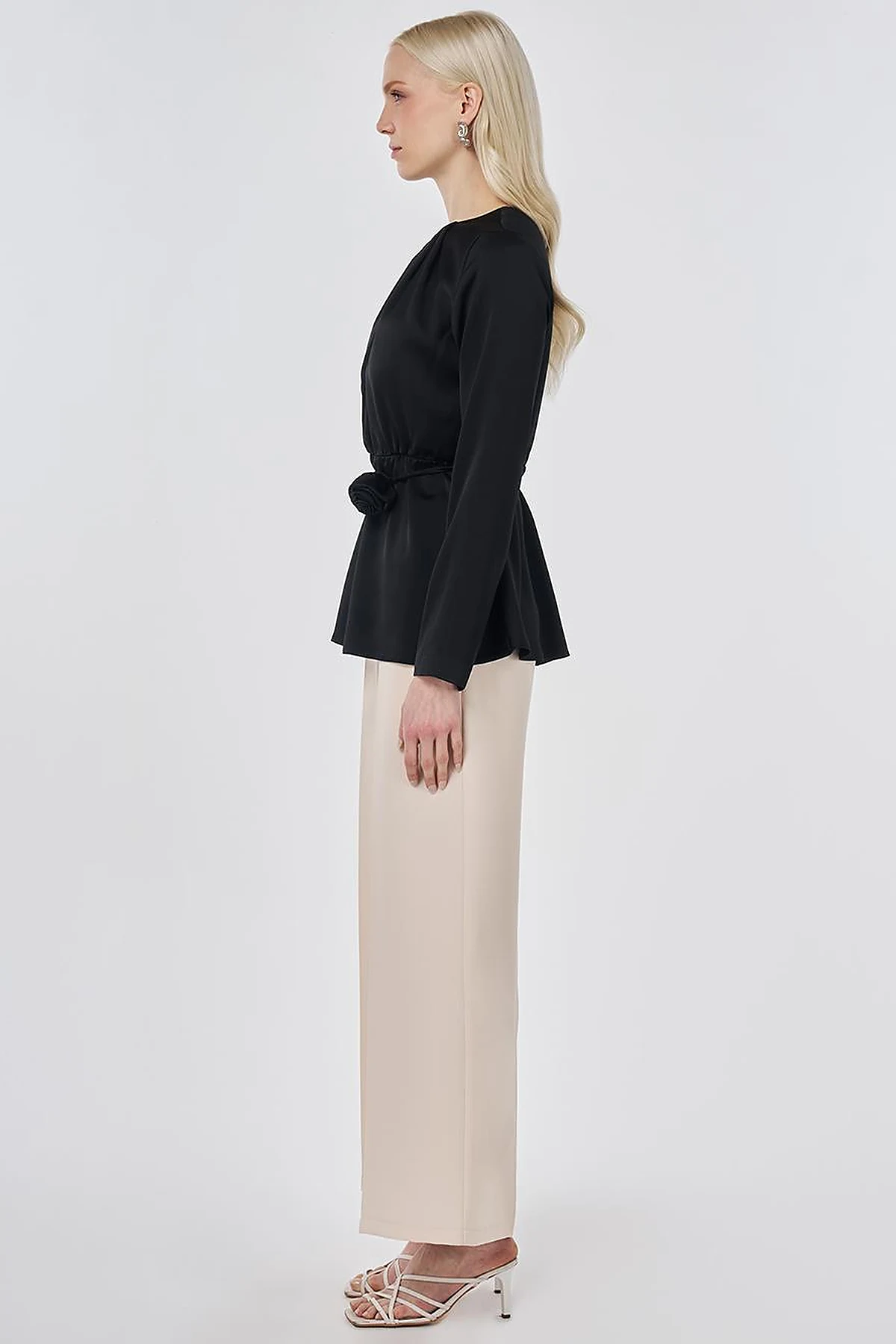 Rose Motif Satin Blouse Black