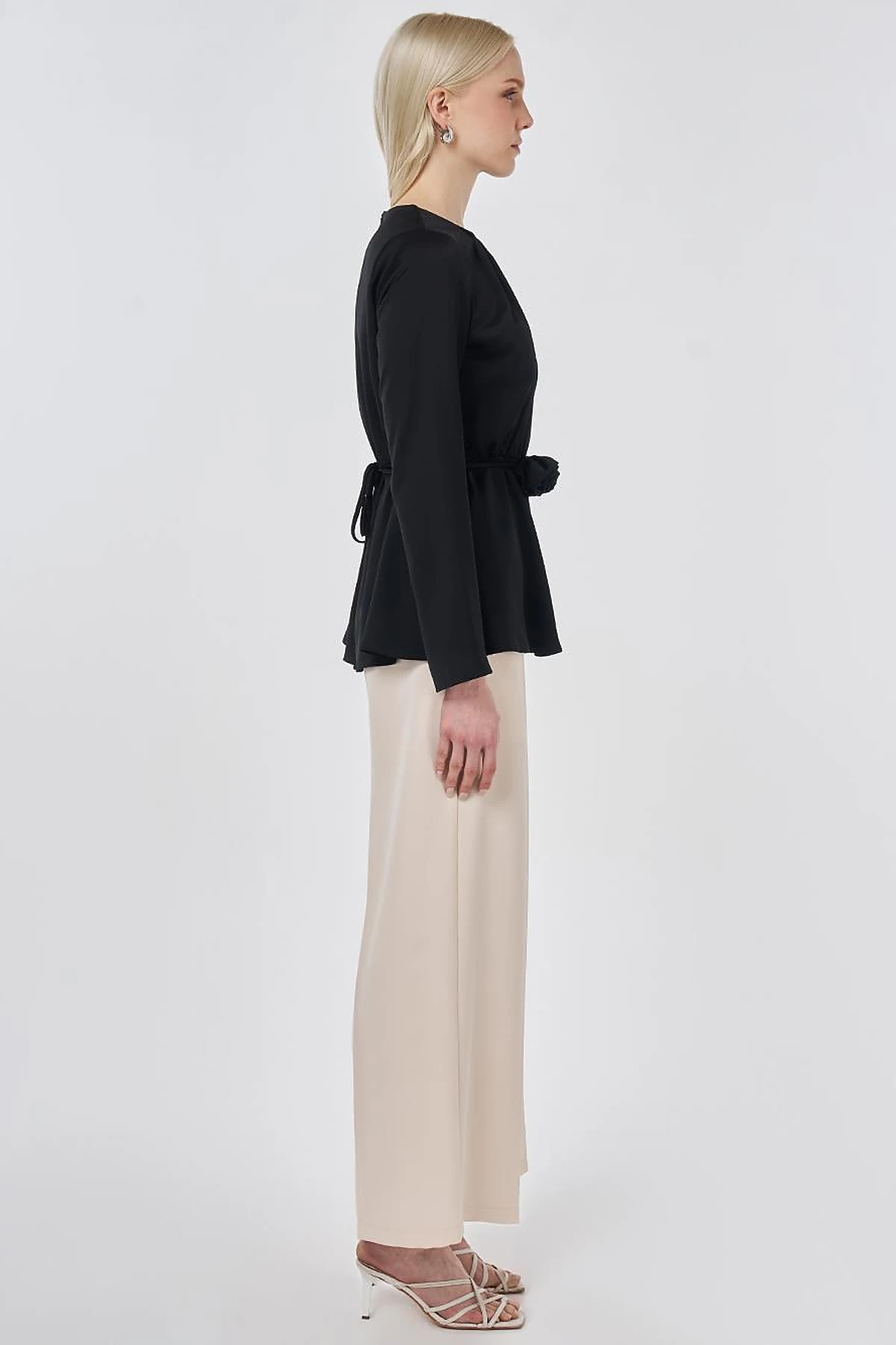 Rose Motif Satin Blouse Black