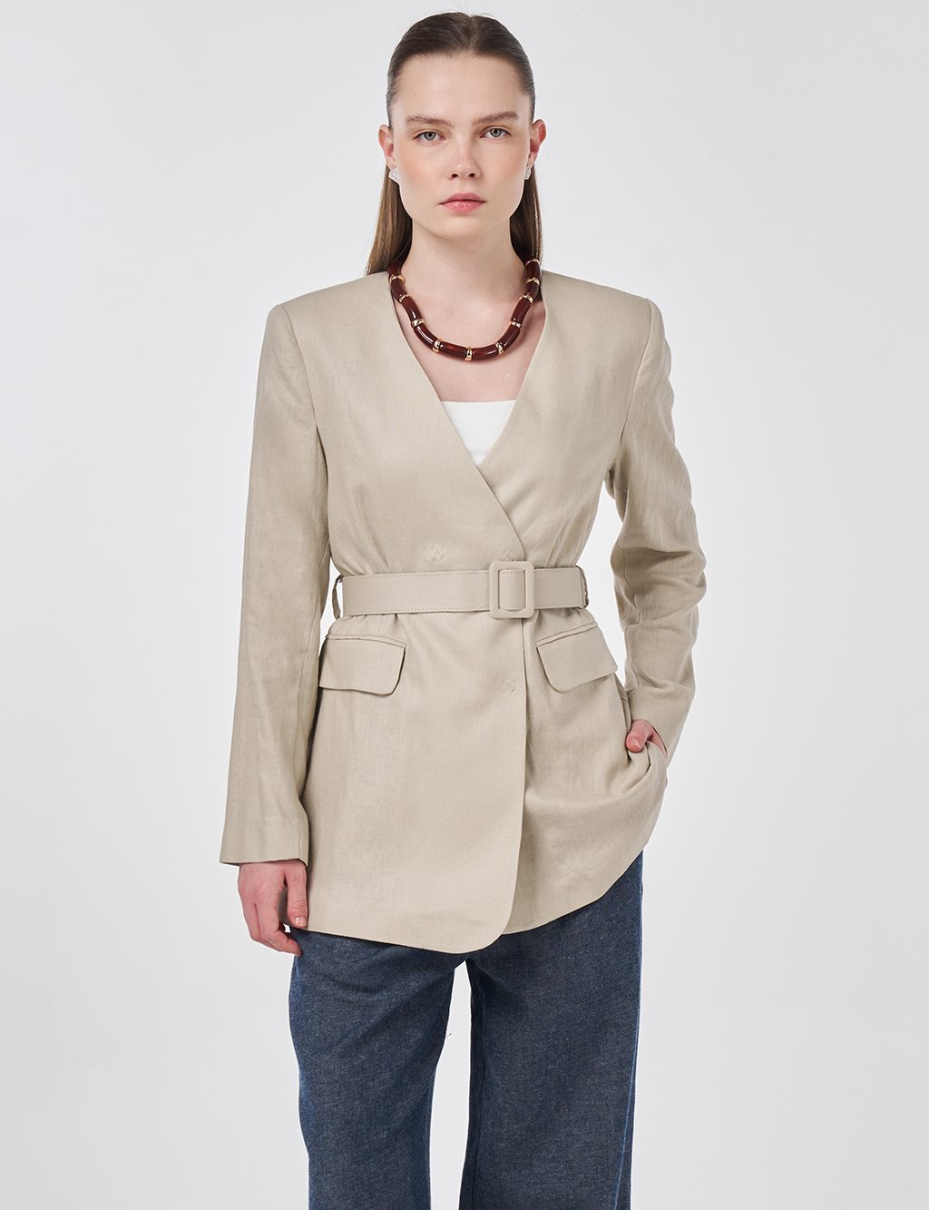 Belted Lyocell Linen Jacket Stone