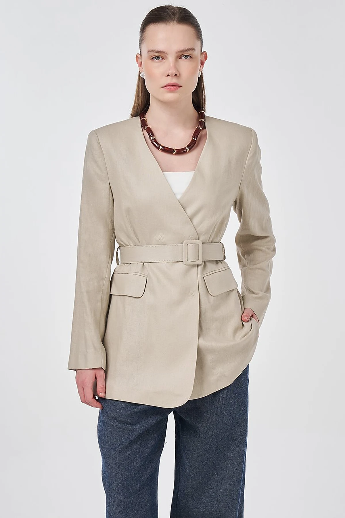 Belted Lyocell Linen Jacket Stone