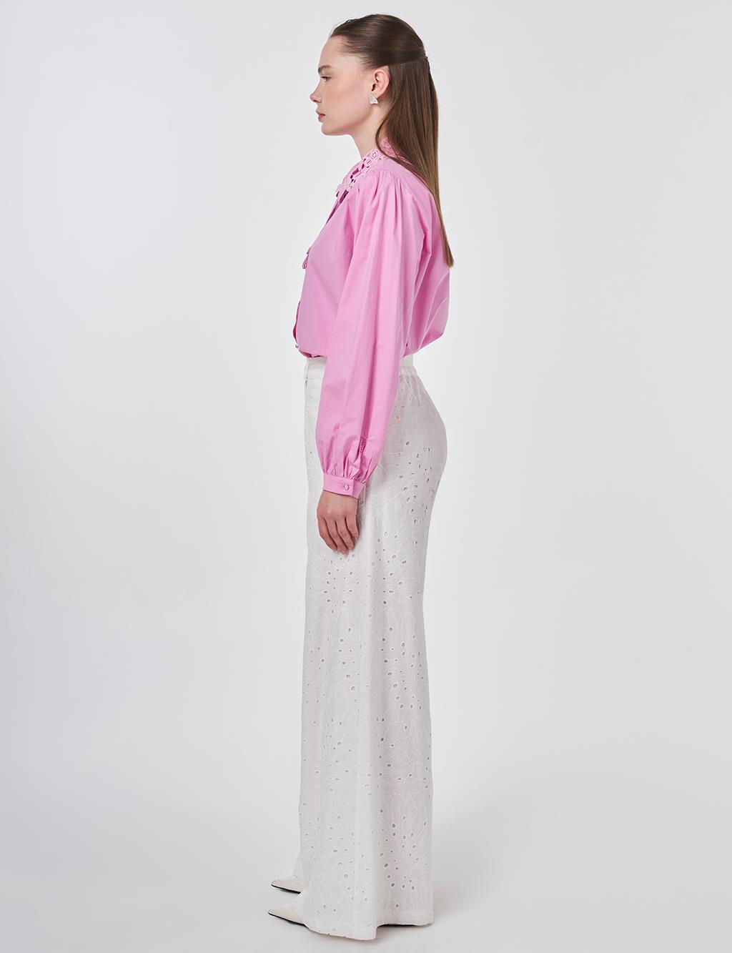 Elastic Waist Broderie Trousers Ecru