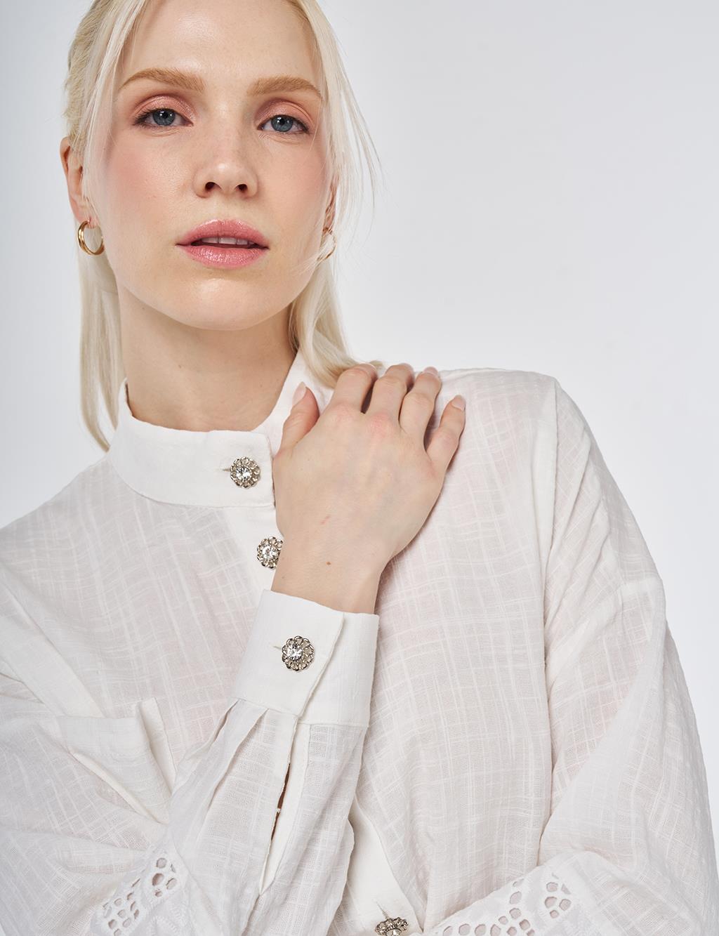 Shiny Buttoned Gofre Tunic Off-White