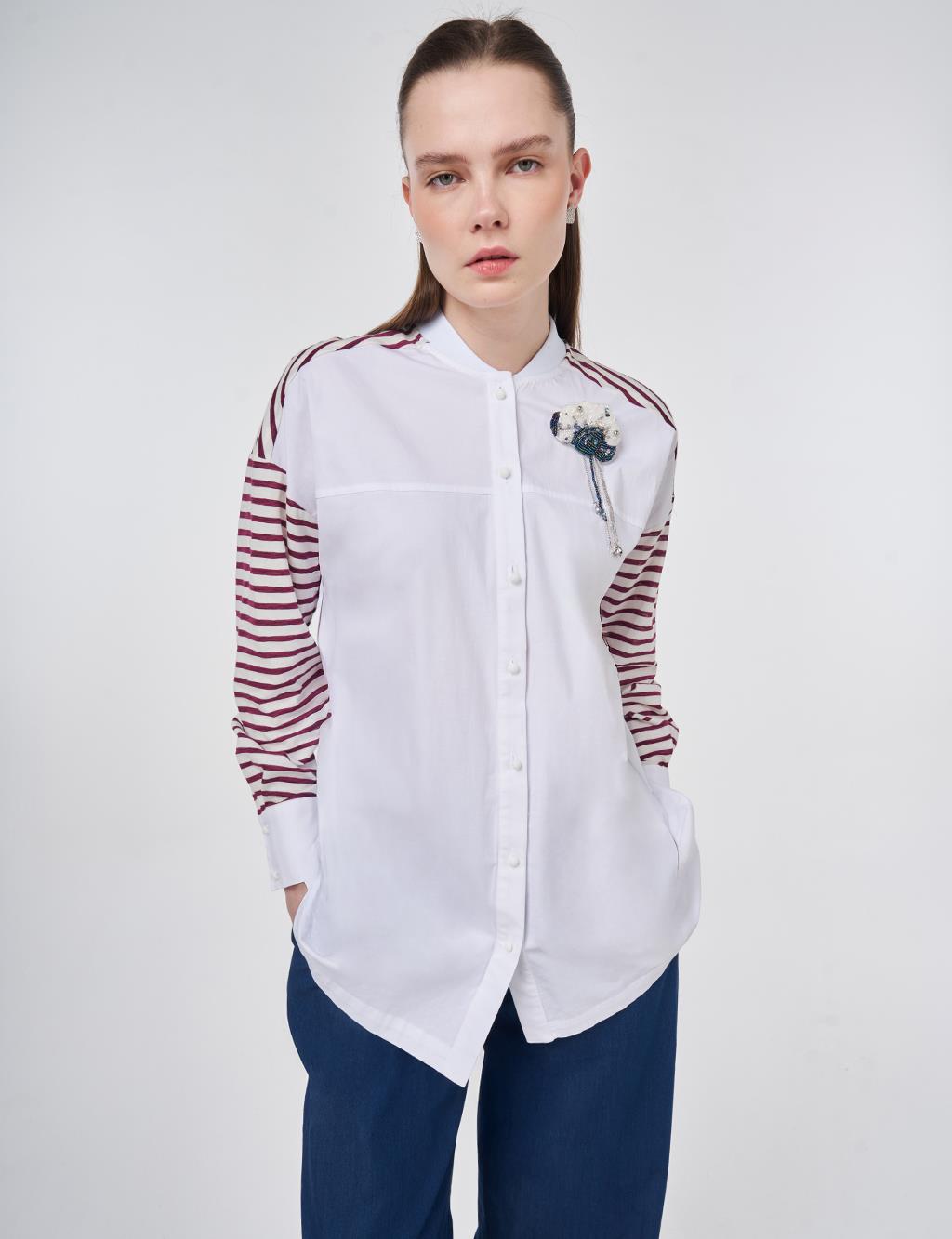Brooch-Embellished Cotton Tunic in Optical White