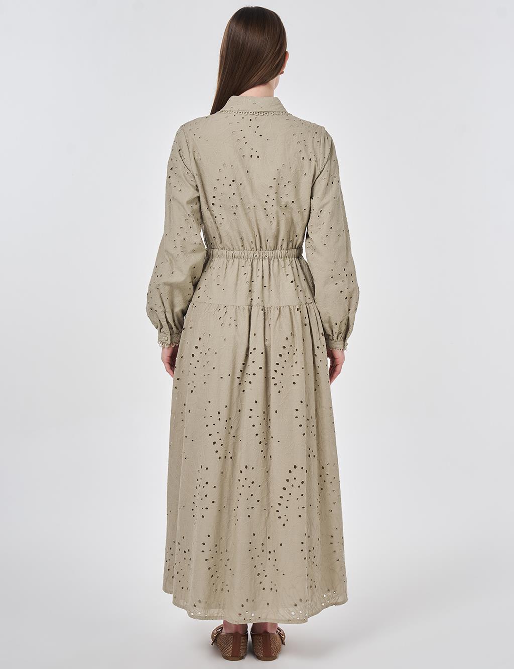 Shirt Collar Broderie Dress Moss Green