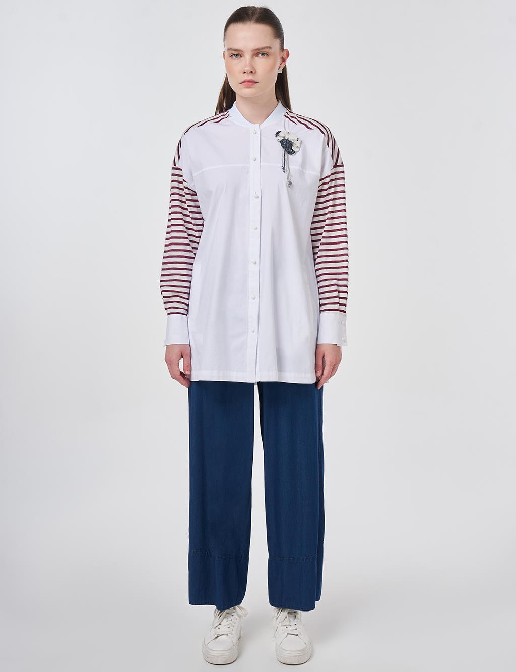 Brooch-Embellished Cotton Tunic in Optical White