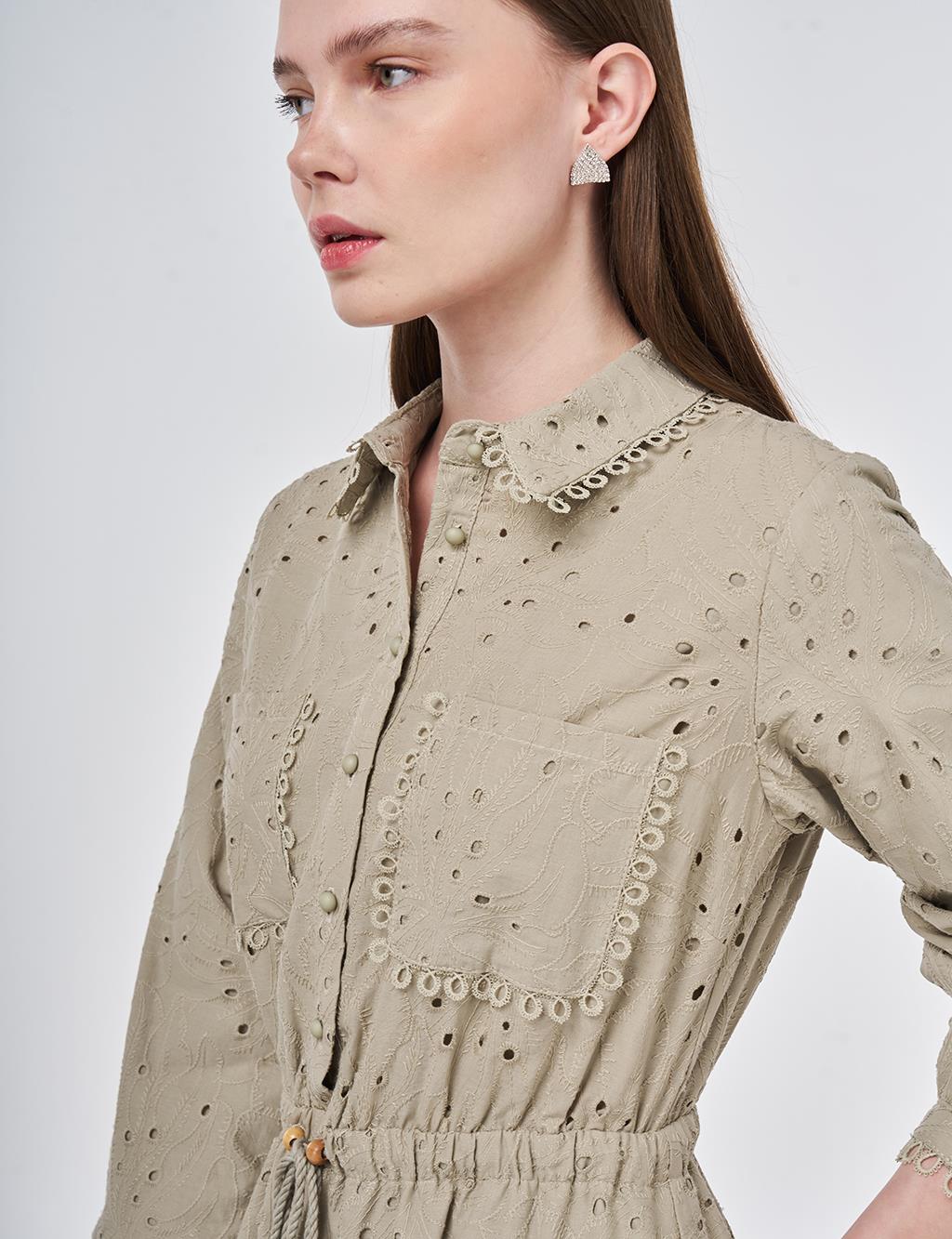Shirt Collar Broderie Dress Moss Green