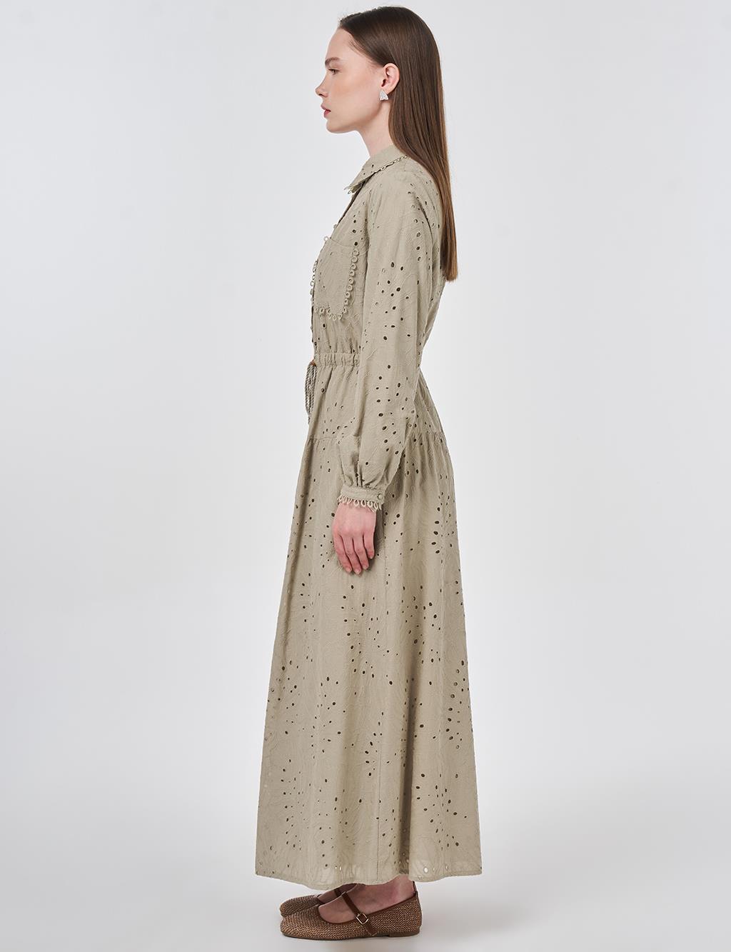 Shirt Collar Broderie Dress Moss Green