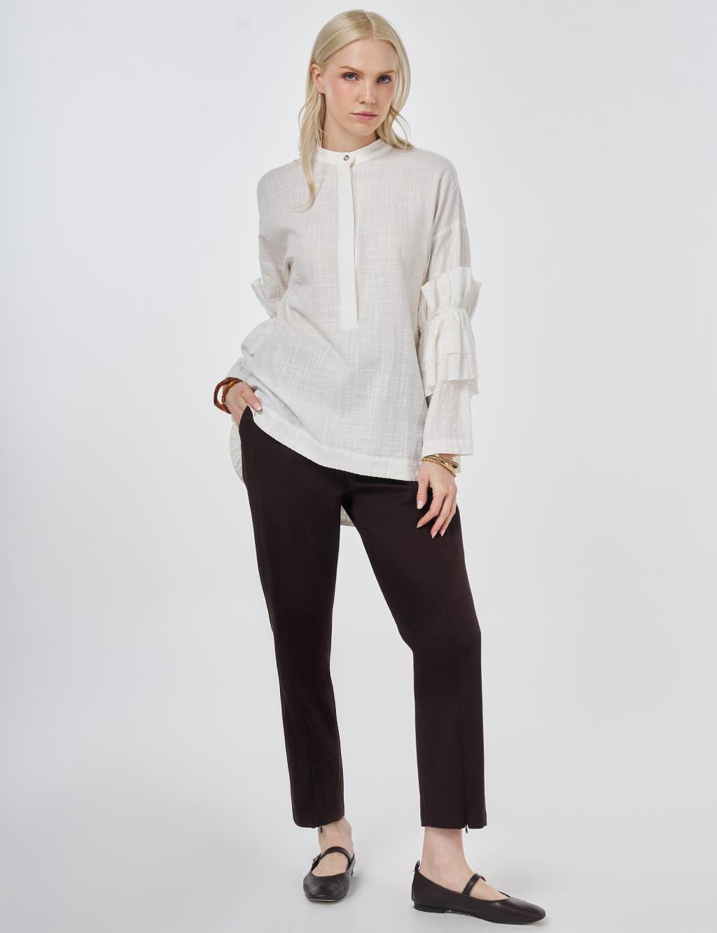 Fırfırlı Gofreli Tunik Kırık Beyaz