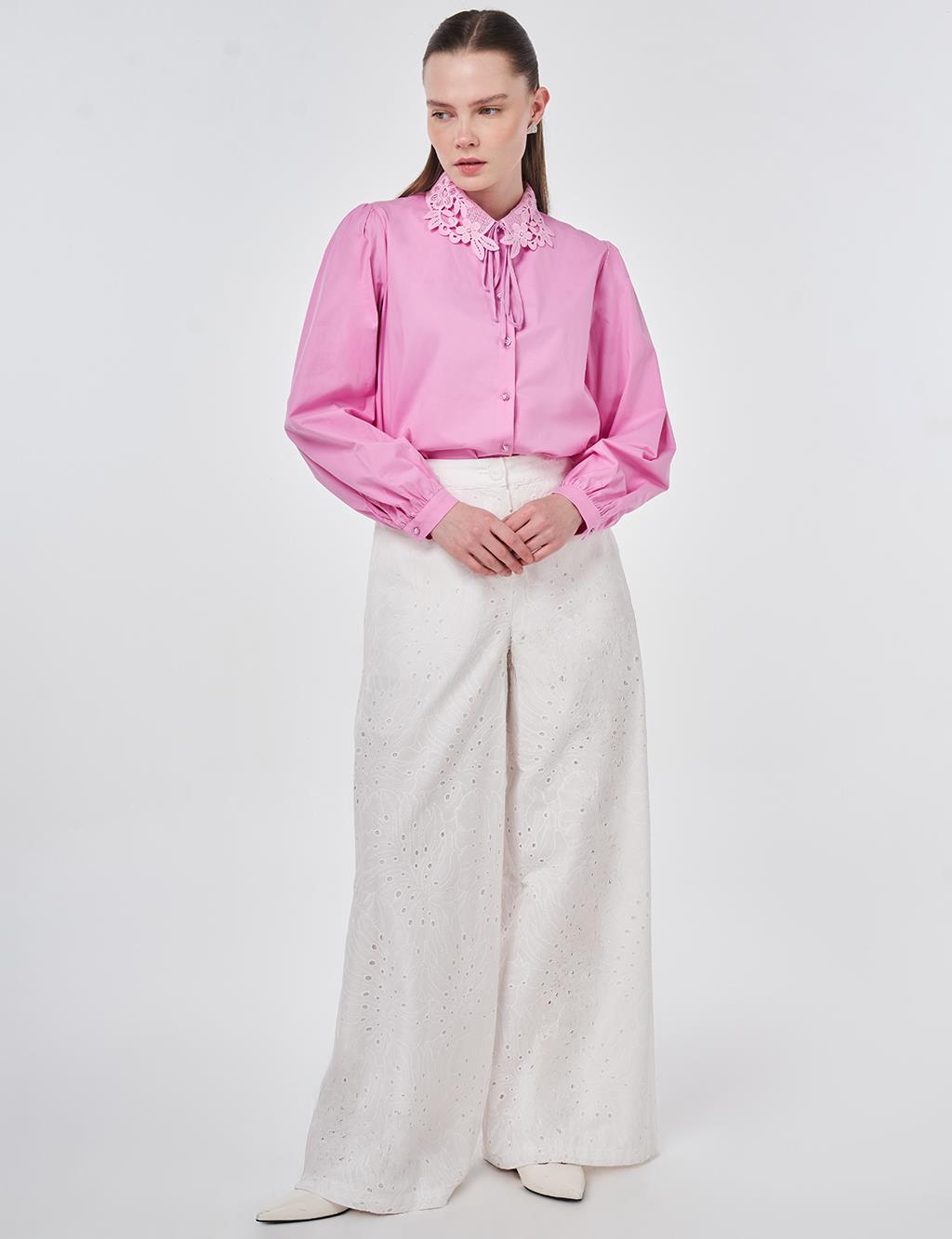 Elastic Waist Broderie Trousers Ecru