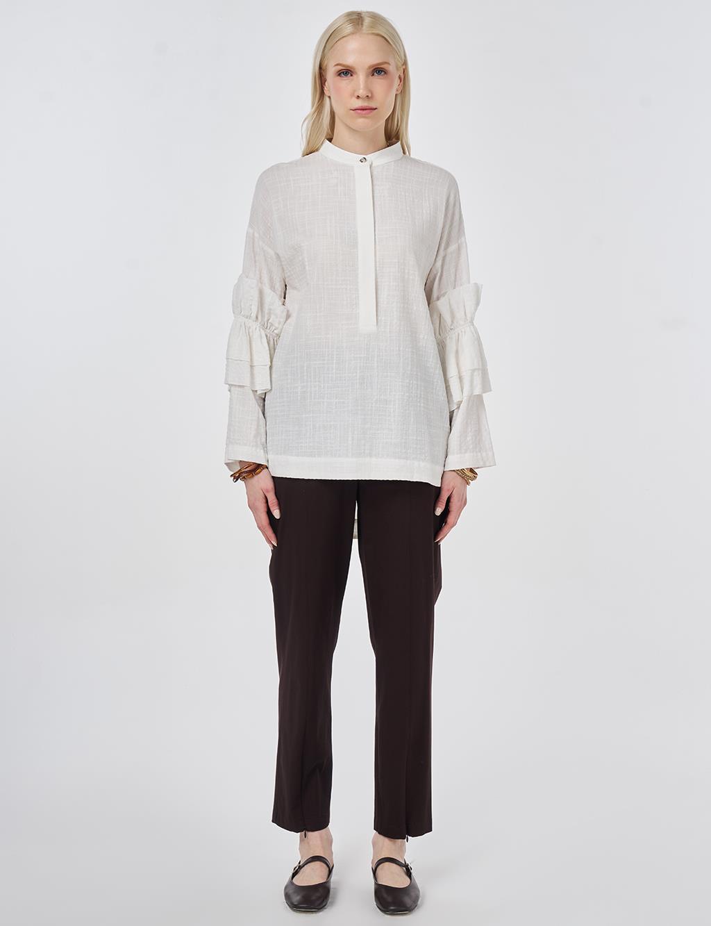 Fırfırlı Gofreli Tunik Kırık Beyaz