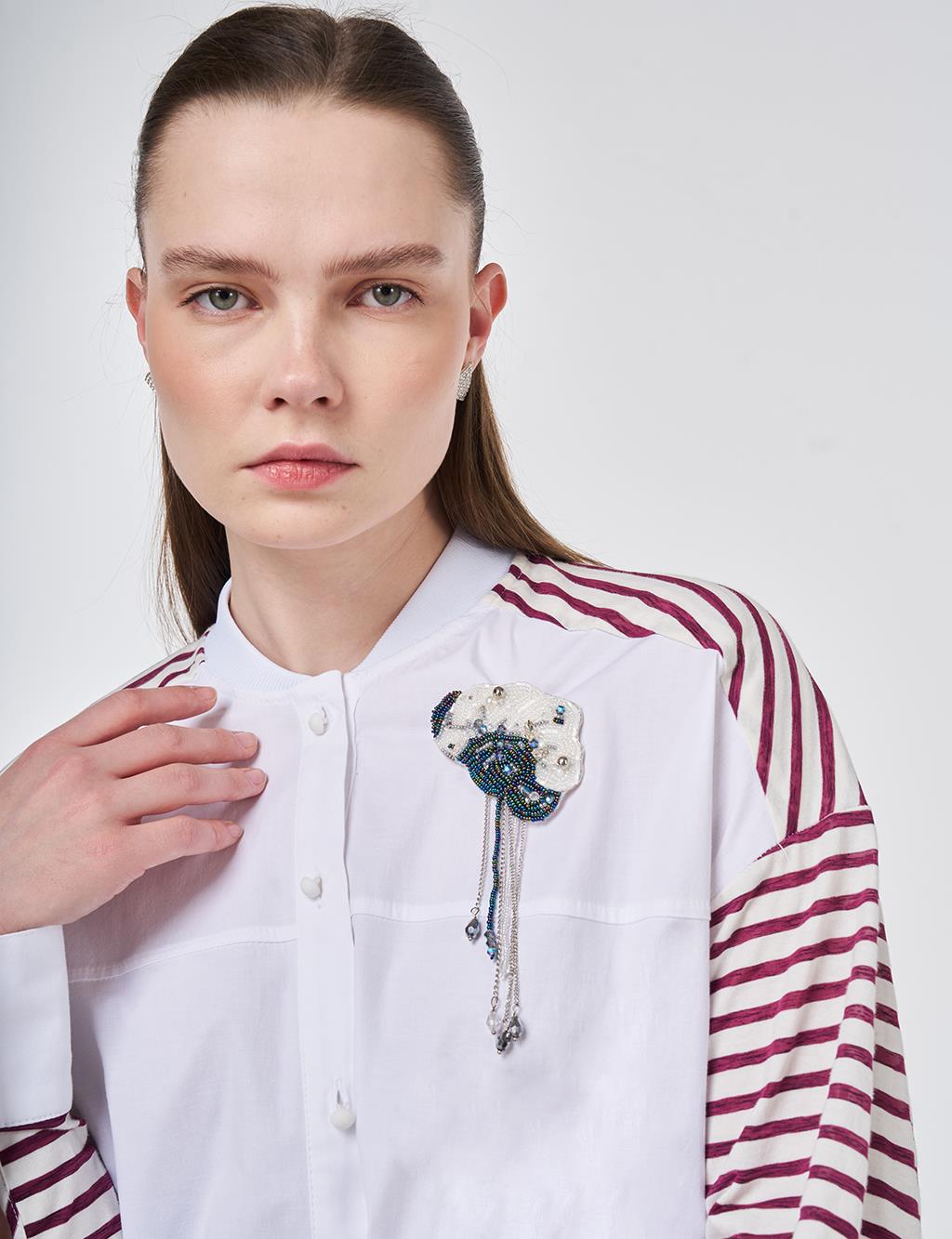 Brooch-Embellished Cotton Tunic in Optical White