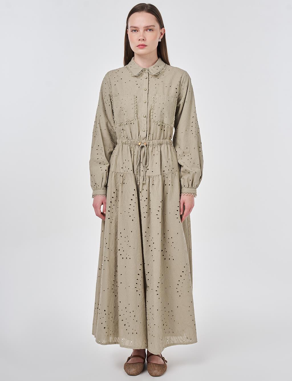 Shirt Collar Broderie Dress Moss Green